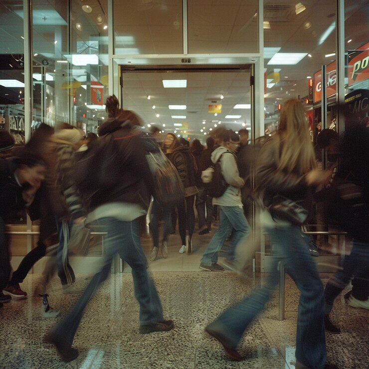Photo chaotic scene of shoppers rushing through the doors of a store