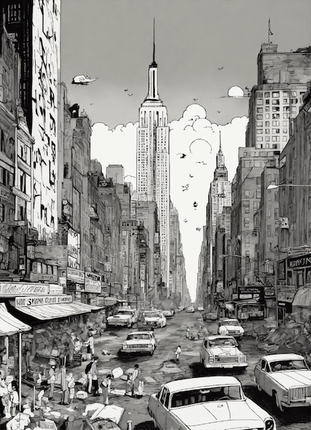 Photo chaotic stunning new york city skyline illustrated by herg style of tin tin comics pen and ink