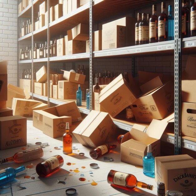 Chaotically scattered boxes of bottles in the warehouse