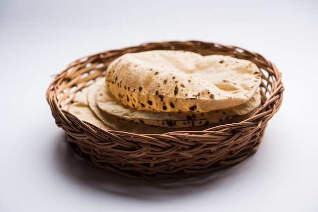 Chapati or Tava Roti also known as Indian bread or Fulka or phulka. Main ingredient of lunch or dinner in India and Pakistan. selective focus