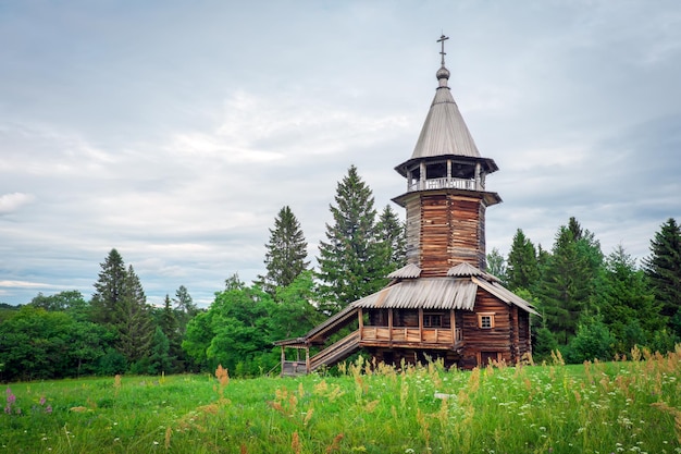 Chapel Wooden Architecture on Kizhi Island in Lake Onega in Karelia Russia Rural summer landscape with a wooden church