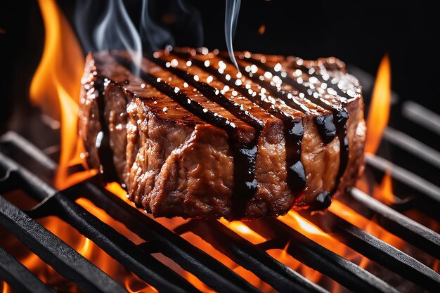 Char grilled steak glowing flames ready to eat