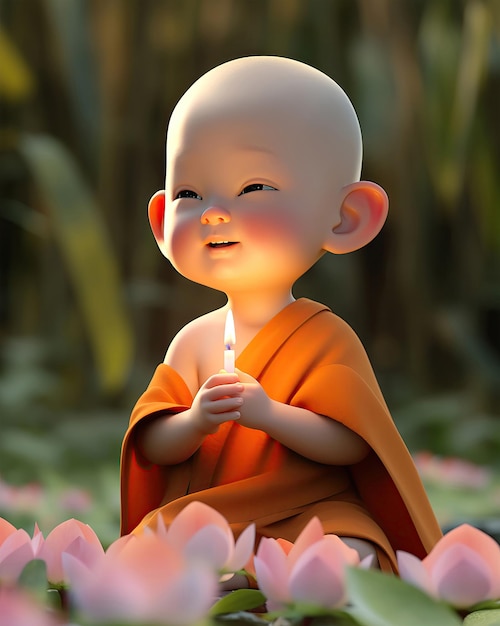 촛불을 들고 있는 아기 승려 소년의 캐릭터 3D는 아침 햇살에 앉아 명상을 합니다.