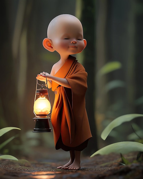 Character 3D of Baby monk holding oil lamp in night forest Generative ai