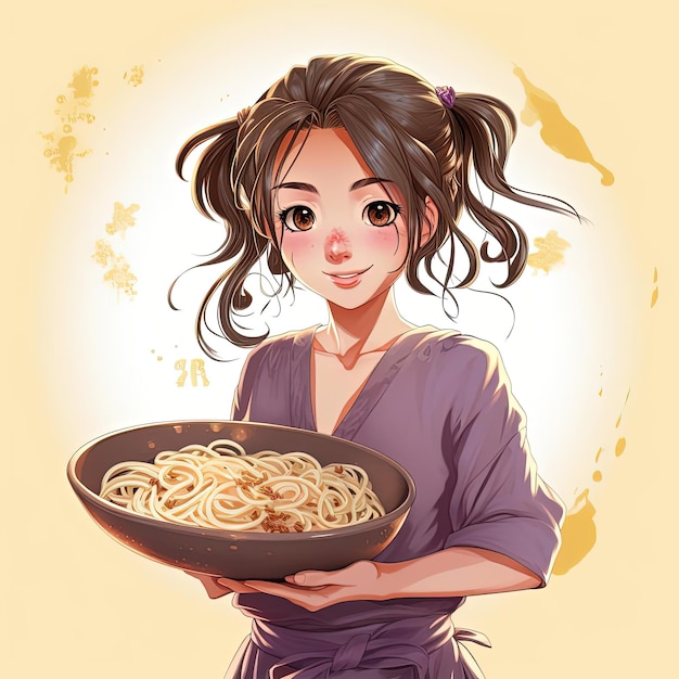 character animation girl carrying a plate with a bowl of noodles in the style of kintsukuroi