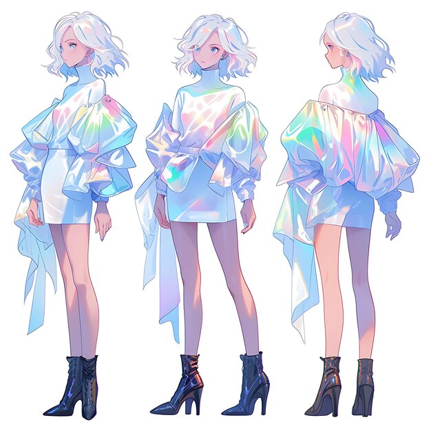 Character Anime Concept Androgynous Tall Person With Holographic Fashion Iridescent Sheet Art