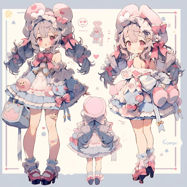 Character Anime Concept Cute Tall Girl With Frilly Lolita Dress Pastel and Kawaii Co Sheet Art