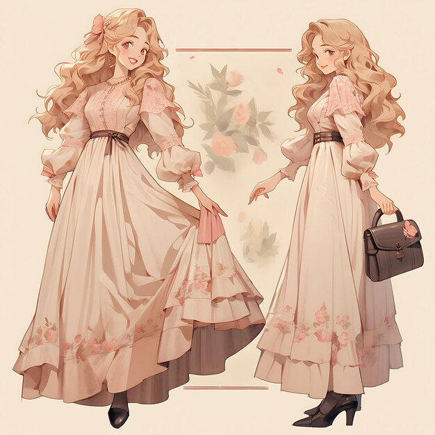 Character Anime Concept Elegant Tall Girl With Victorian Style Dress Soft and Muted Sheet Art