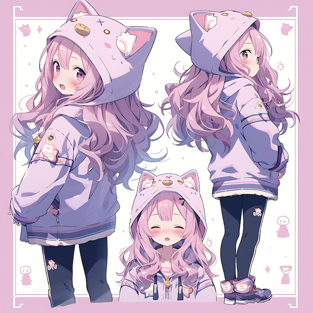 Drawn Kawaii Girl with Purple Pink Hair and Cat Ears · Creative