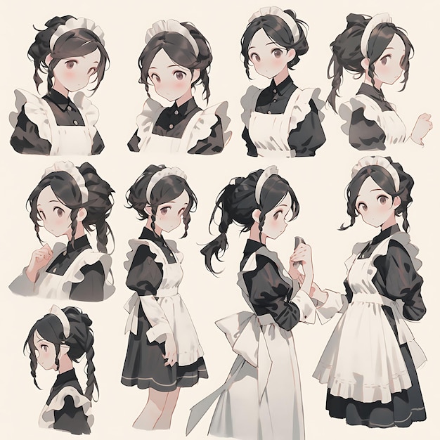 Character Anime Concept Female Petite Maid Outfit Black and White With Lace Details Sheet Art