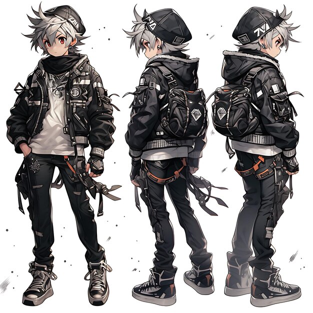 Photo character anime concept short male with a leather jacket and motorcycle biker style sheet art