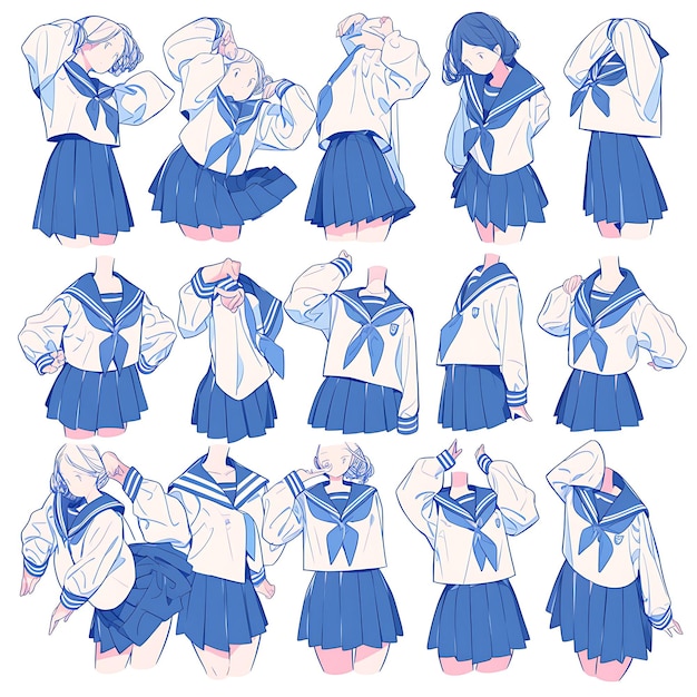 Character Anime Concept Vrouwelijke Petite Sailor Uniform Classic Blauw en Wit Schoolgi Sheet Art