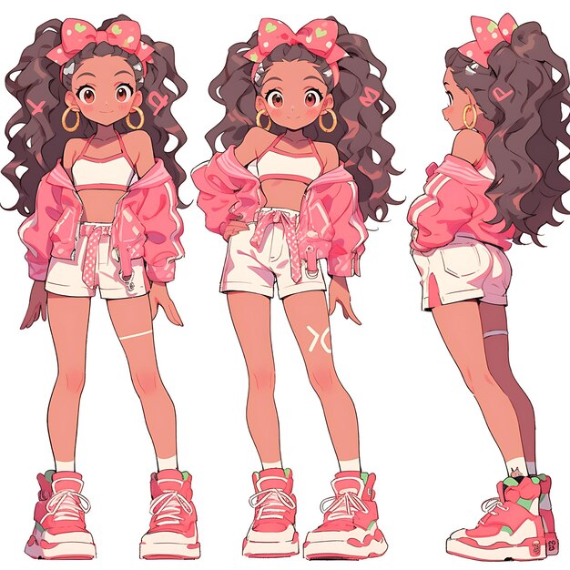 Character anime of female dog chibi kawaii retro 80s clothes bubblegum pink scr design concept art