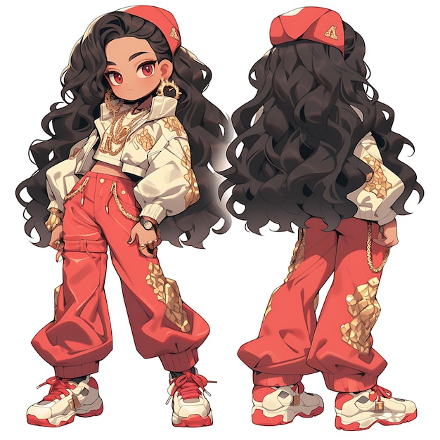 Character anime of female hip hop chibi kawaii hip hop fashion baggy pants bold design concept art