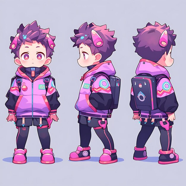 Character anime of male gaming chibi kawaii geek chic clothes neon colors game design concept art