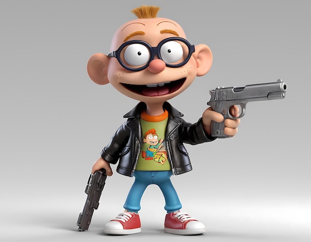 character Boy holding toy gun and playing gangster smiling portrait