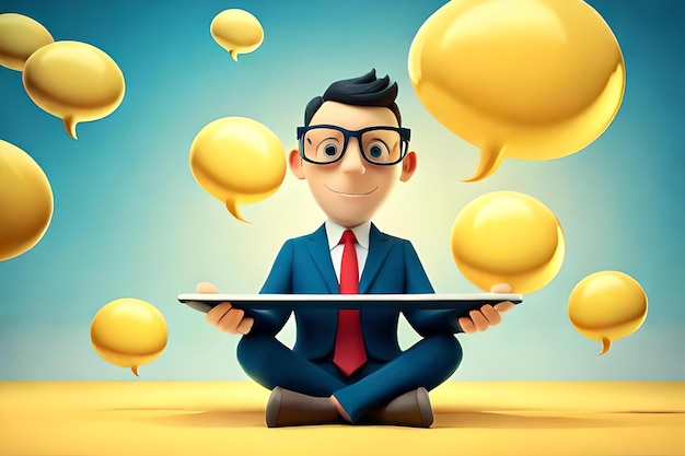Photo character businessman in glasses use digital tablet and sits on blue text bubble over yellow backgro