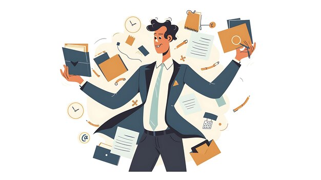 Character of Busy Entrepreneur in a Sharp Suit Multitasking and Juggling Outline Concept Sheet