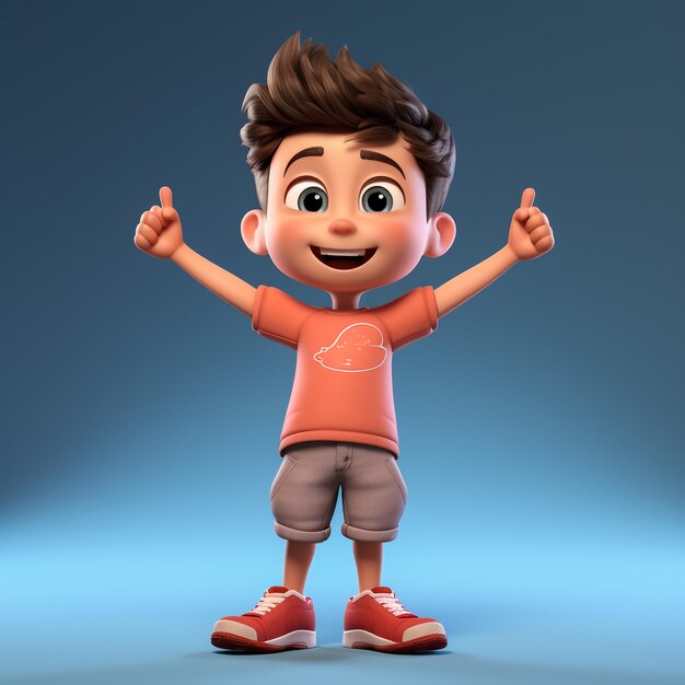 Character cartoon boy points his finger at an empty space 3d rendering illustration for advertisin