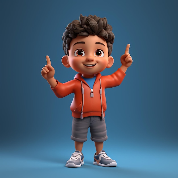 Character cartoon boy points his finger at an empty space 3d rendering Illustration for advertisin