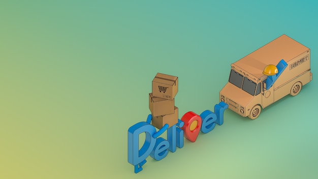 Character cartoon delivery font with truck van and many parcel box.