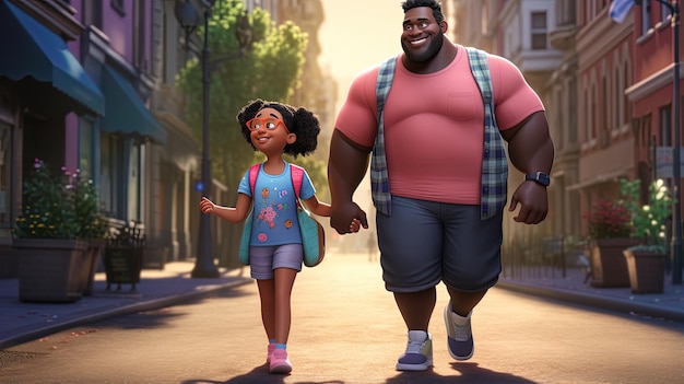 character cartoon a man fat and a woman walking down a street