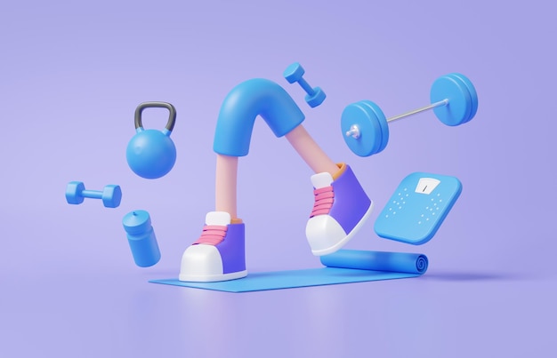 Персонаж мультяшной обуви 3D с набором фитнес-упражнений, спорт, здоровая концепция, плавающая на пастельном фоне, оборудование, гантели, коврик для йоги, минеральная вода, весы, элемент здравоохранения, 3d-рендеринг
