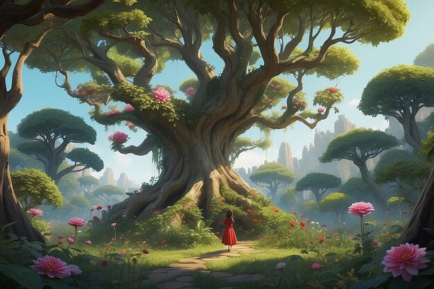 Character Communing with Nature Among Ancient Dahlia Trees Illustration