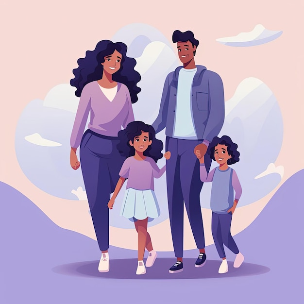 濃い白と薄紫のスタイルで家族のフラットイラストを作成するキャラクター