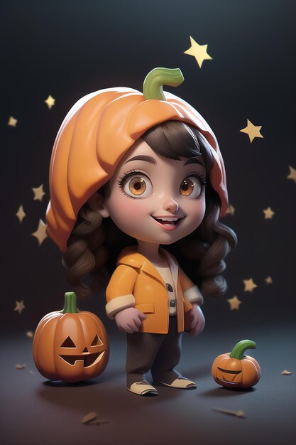 Foto un simpatico personaggio femminile dei cartoni animati tiene una zucca con uno stile di moda di halloween