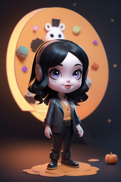 A character cute cartoon female holds a pumpkin with a Halloween fashion style