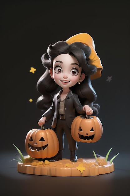 Персонаж милого мультфильма держит тыкву в стиле Хэллоуина