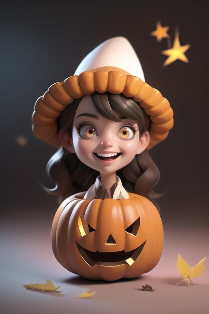 A character cute cartoon female holds a pumpkin with a Halloween fashion style