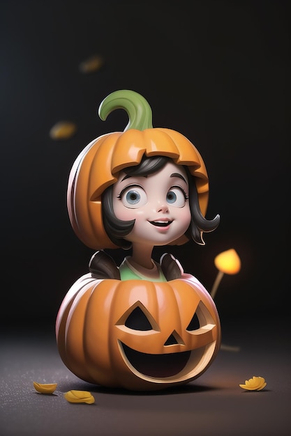 A character cute cartoon female holds a pumpkin with a Halloween fashion style