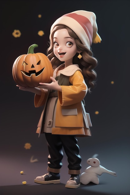A character cute cartoon female holds a pumpkin with a Halloween fashion style