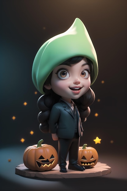 Photo a character cute cartoon female holds a pumpkin with a halloween fashion style