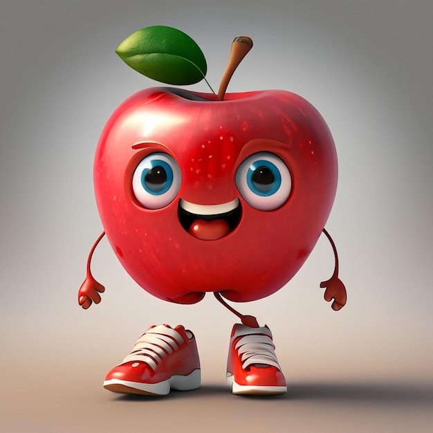 The character of a cute funny apple has two thin legs wears a kochi raises her hand to the sky