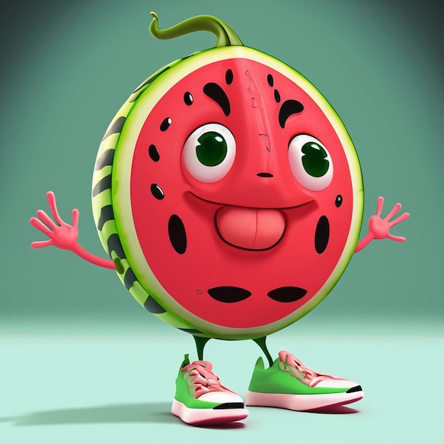 The character of a cute funny watermelon has two thin legs wears a kochi raises her hand to the