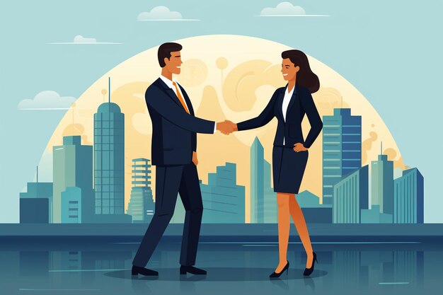 character design shakehand businesswoman and businessman building background Generated AI