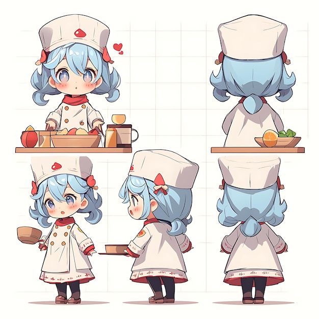 Character of female chibi kawaii baker apron and chef hat warm colors rol concept art sheet manga
