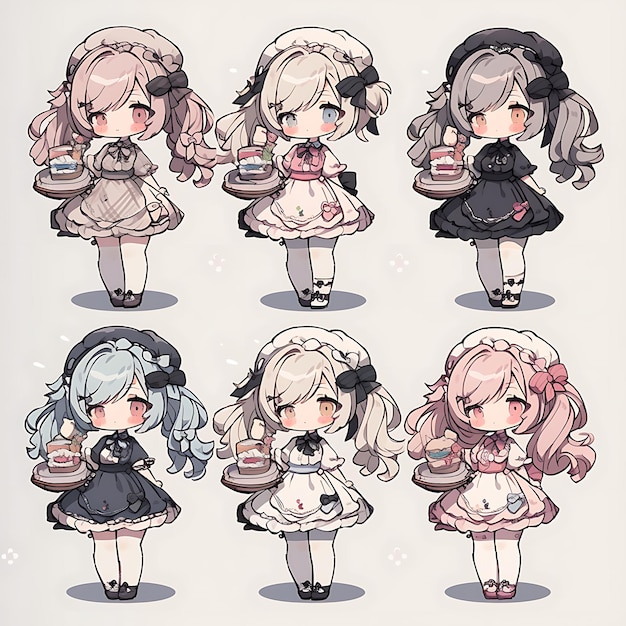 Photo character of female chibi kawaii maid lolita fashion pastel colors feathe concept art sheet manga