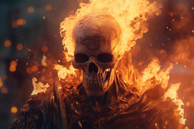 A character in a fire with a skull on his chest