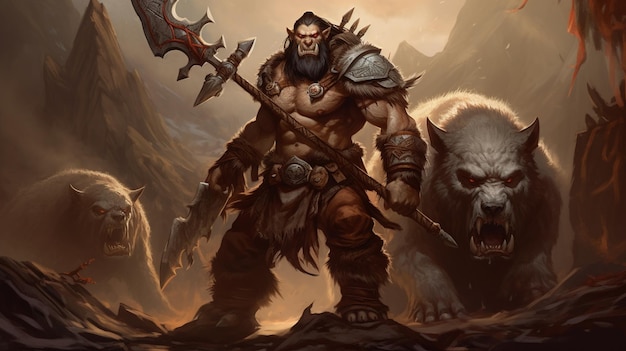 Photo a character from the game orc with a large axe in his hand.