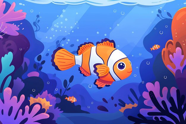 Персонаж смешной рыбки-клоуна, носящей галстук и плавающей вокруг кораллов