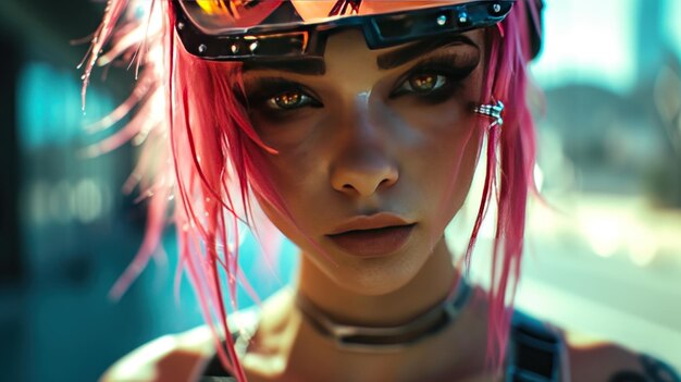 写真 人工知能 (ai) によって生成されたピンクのの若い女性のサイバーのキャラクターの視線