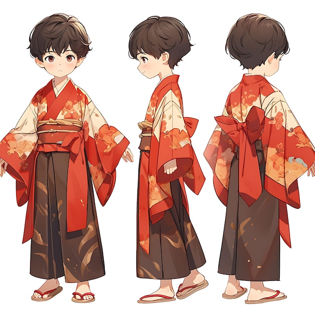 Photo character of gentle kawaii kid boy with traditional kimono inspired prom design concept sheet art