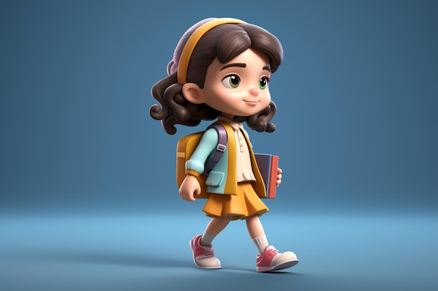 A character of a girl with a backpack and a book