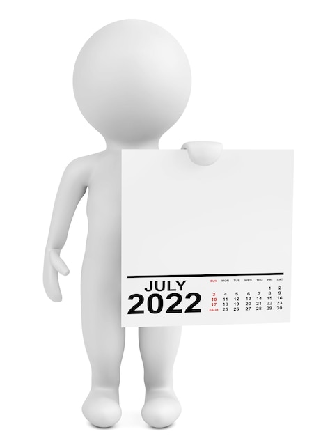 Photo character holding calendar july 2022 year 3d rendering