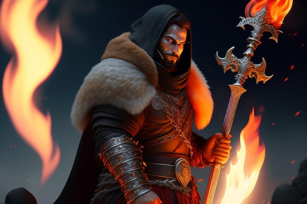 A character holding a sword in front of fire