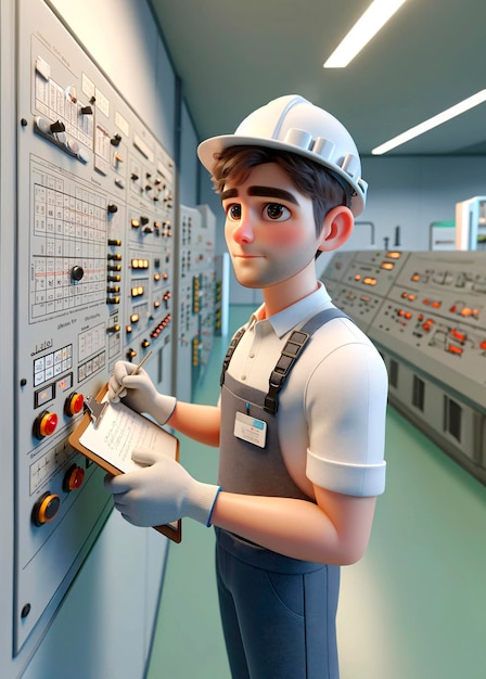 A character is writing notes on a control board